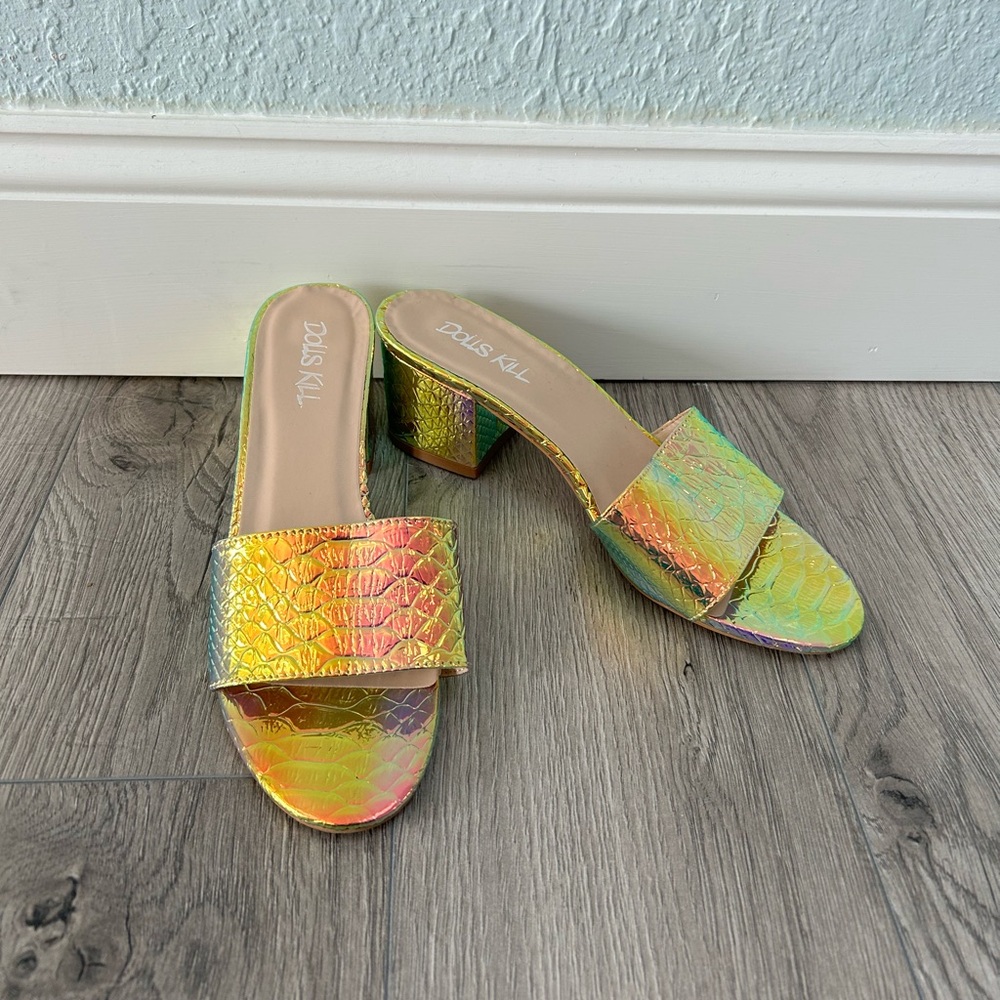 Dolls Kill prismatic poison Holo slide heels